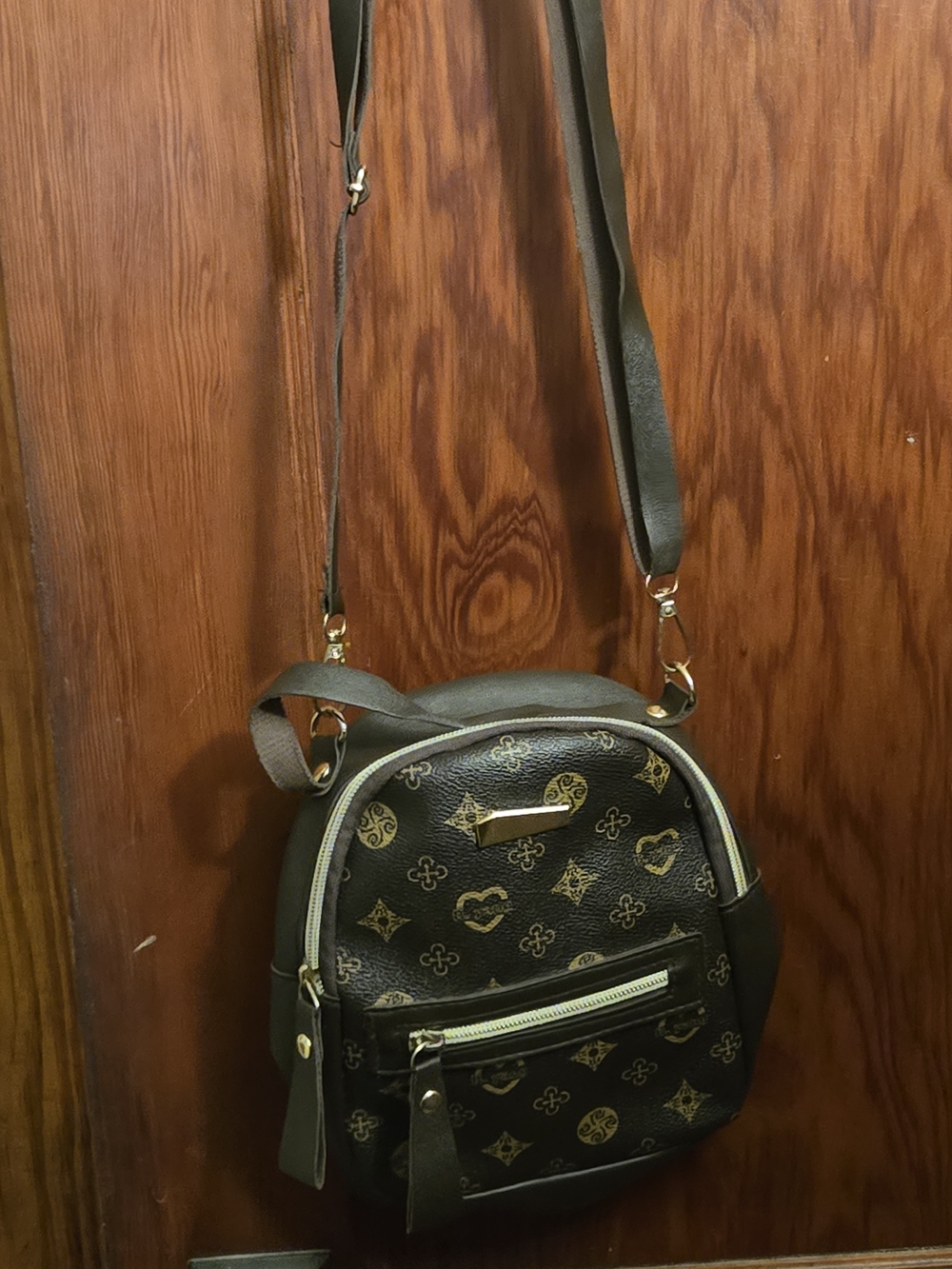 Brown Patterned Mini Crossbody Bag with Gold Accents